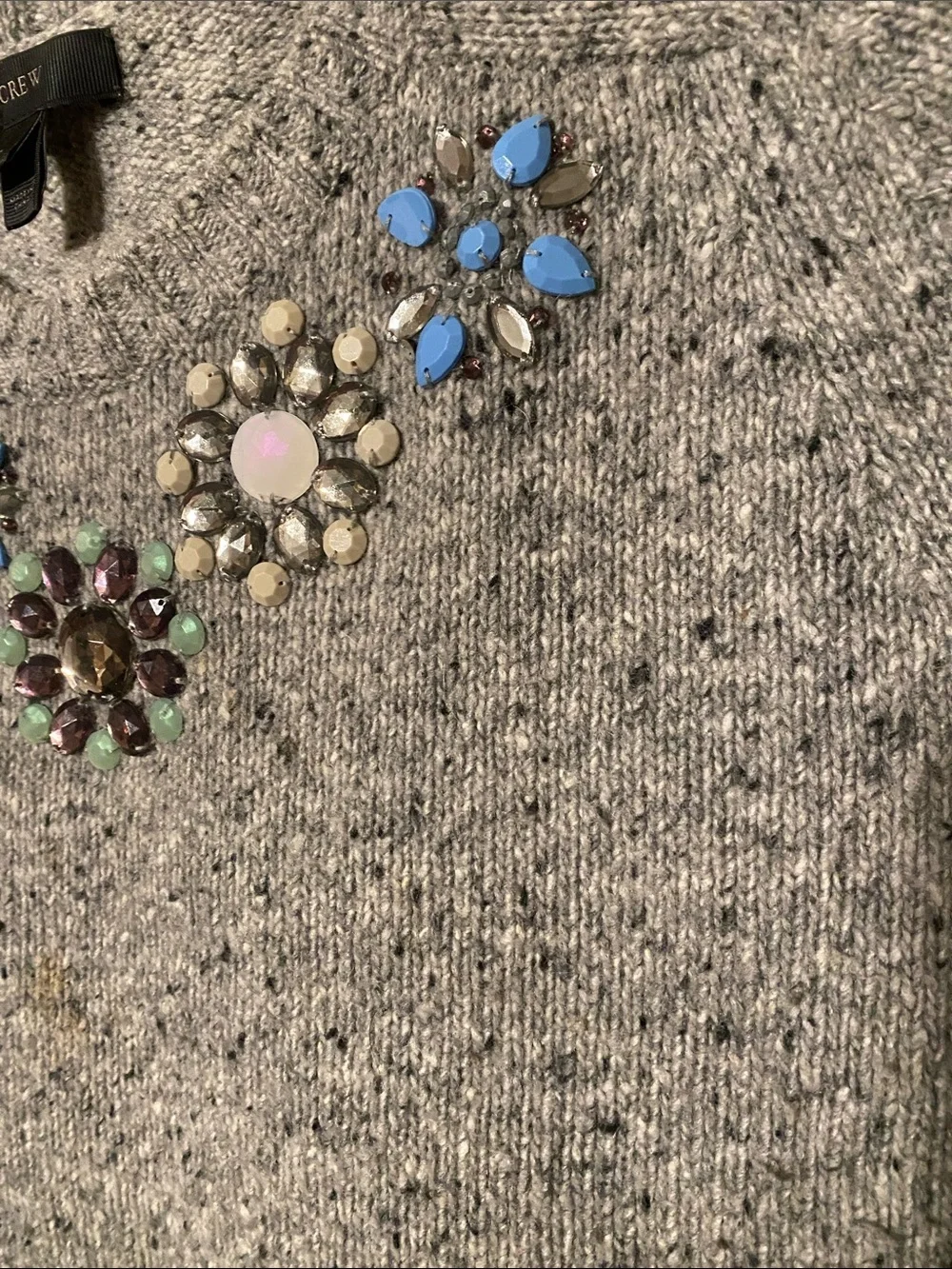 J. Crew Gray Sweater with Blue, Green and Gold Jewel Accents